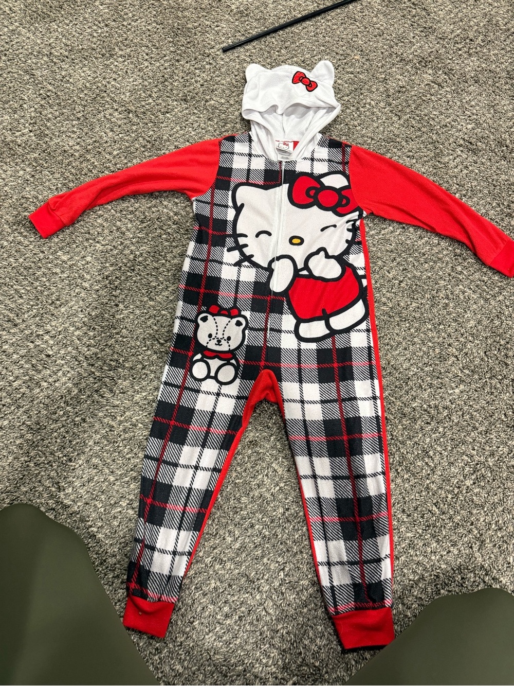 Hello Kitty Red Black White Plaid Kids One-Piece Footie with Hood